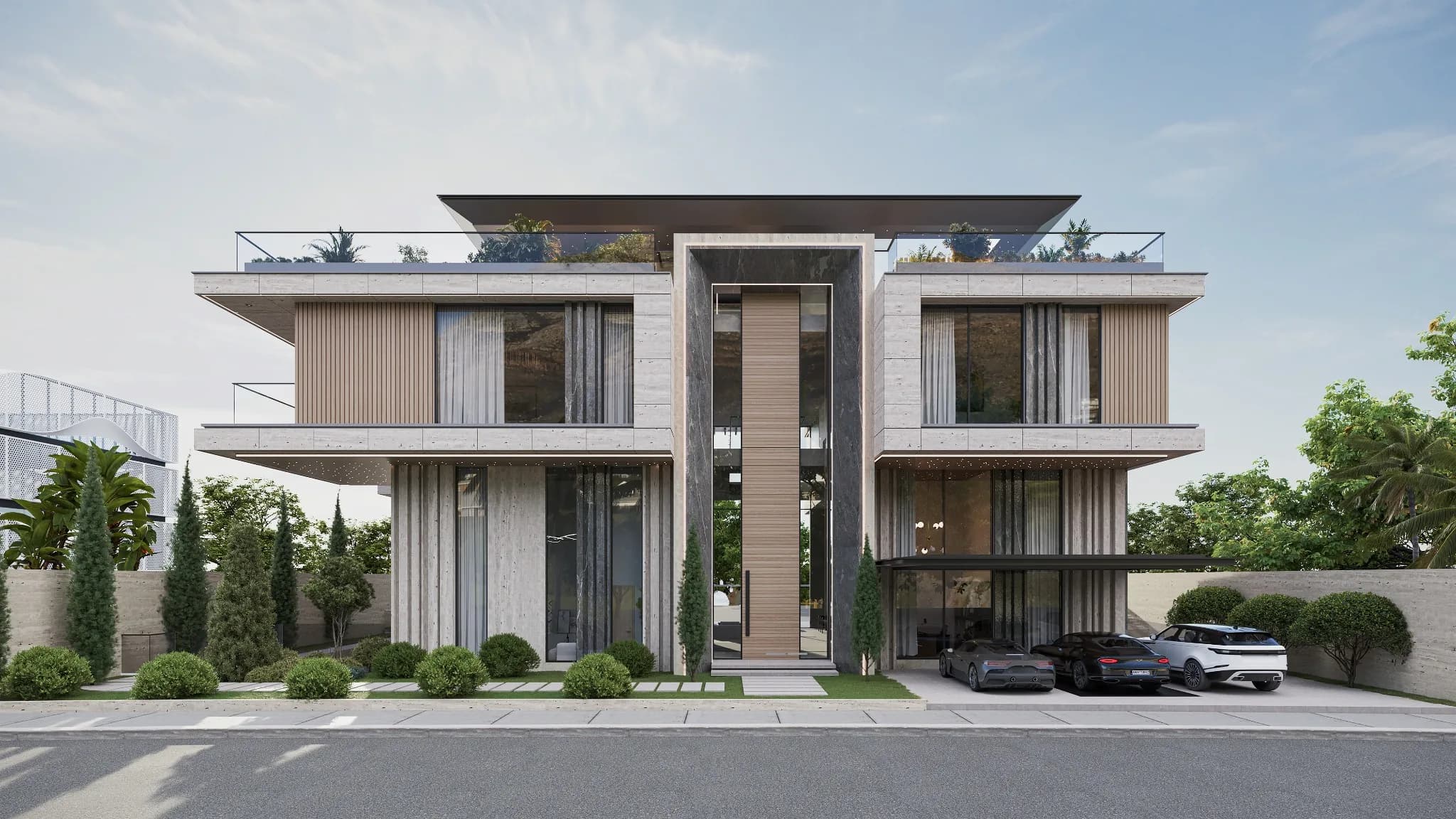 عرض ثلاثي الأبعاد لفيلا GV1 Pearl في جميرا يعرض الهندسة المعمارية الفاخرة المعاصرة.