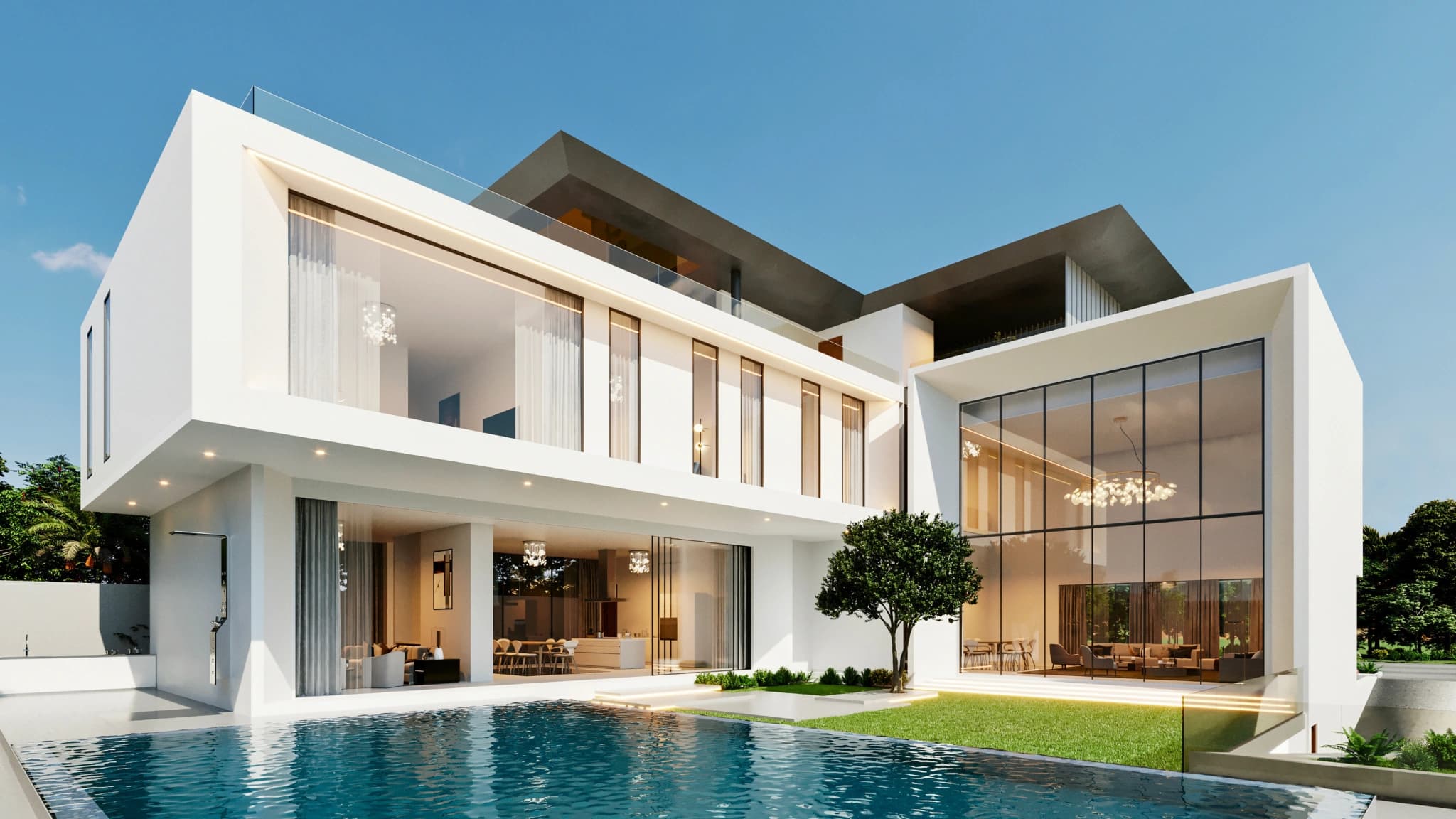 عرض ثلاثي الأبعاد لفيلا SAG Pearl في جميرا يعرض الهندسة المعمارية الفاخرة الحديثة.