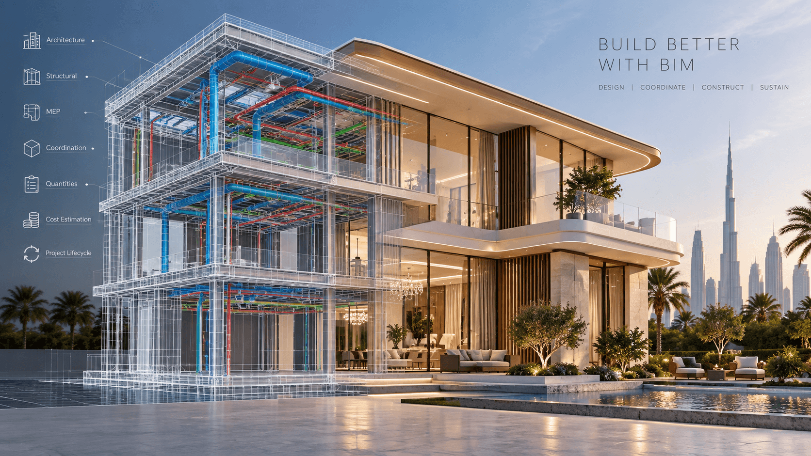 رسم توضيحي يوضح خطوات عملية نمذجة معلومات البناء (BIM) بما في ذلك التخطيط والتصميم والتنسيق والبناء والتسليم.